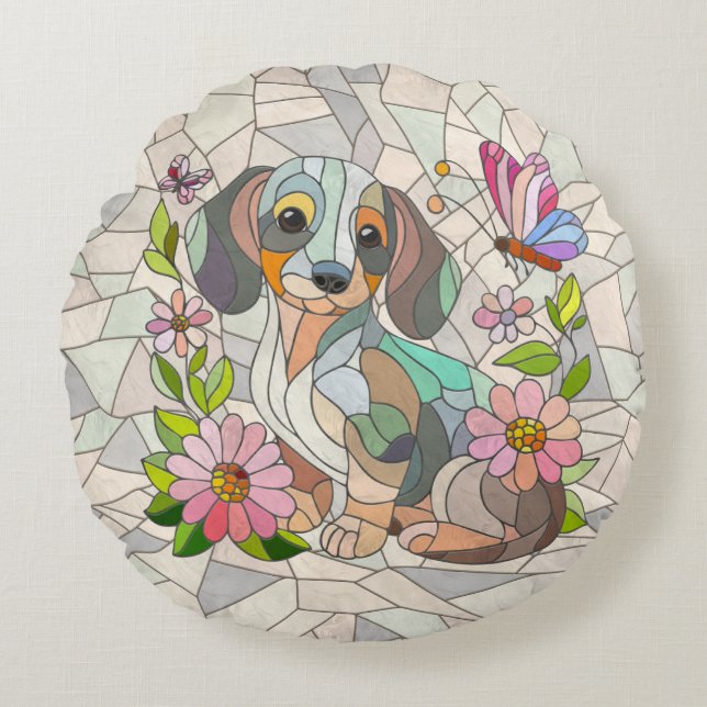 Teckel hond - Doxie -kleurrijk mozaïek Rond Kussen (Voorkant)