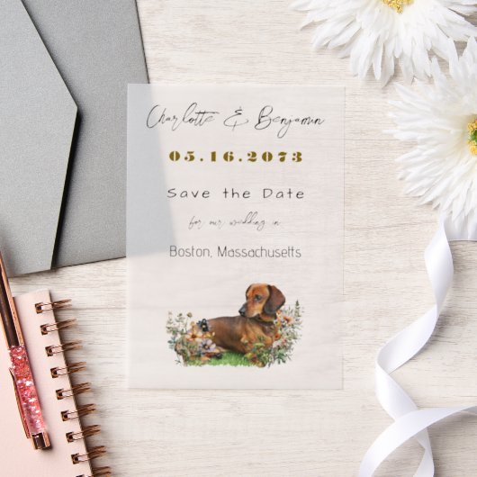 Teckel Hond en Wildflowers Save the Date Vellum Uitnodigingen (Huwelijk)