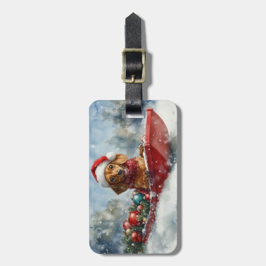 Teckel Hond in Sledge Laat het Sneeuw Kerstmis Bagagelabel (Voorkant verticaal)