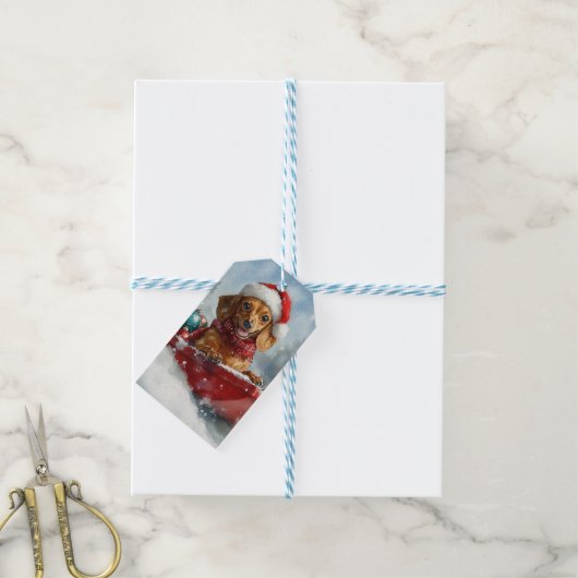 Teckel Hond in Sledge Laat het Sneeuw Kerstmis Cadeaulabel (Met Touw)