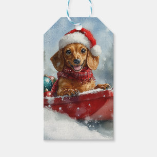 Teckel Hond in Sledge Laat het Sneeuw Kerstmis Cadeaulabel
