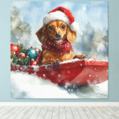 Teckel Hond in Sledge Laat het Sneeuw Kerstmis Canvas Afdruk (Insitu (Houten vloer))
