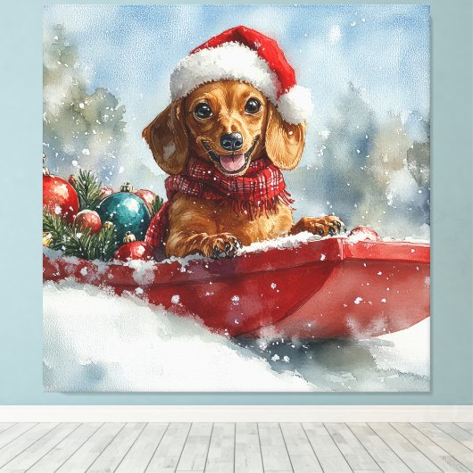 Teckel Hond in Sledge Laat het Sneeuw Kerstmis Canvas Afdruk (Insitu (Houten vloer))