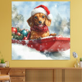 Teckel Hond in Sledge Laat het Sneeuw Kerstmis Canvas Afdruk (Insitu (Woonkamer))