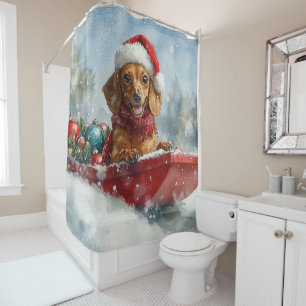 Teckel Hond in Sledge Laat het Sneeuw Kerstmis Douchegordijn