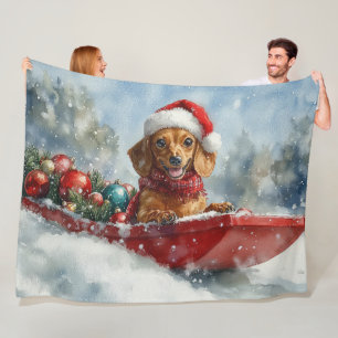 Teckel Hond in Sledge Laat het Sneeuw Kerstmis Fleece Deken