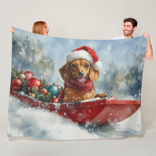 Teckel Hond in Sledge Laat het Sneeuw Kerstmis Fleece Deken (In situ)
