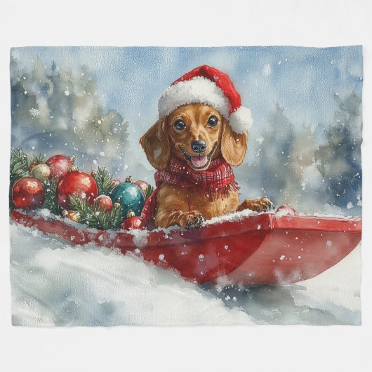 Teckel Hond in Sledge Laat het Sneeuw Kerstmis Fleece Deken (Voorkant (Horizontaal))