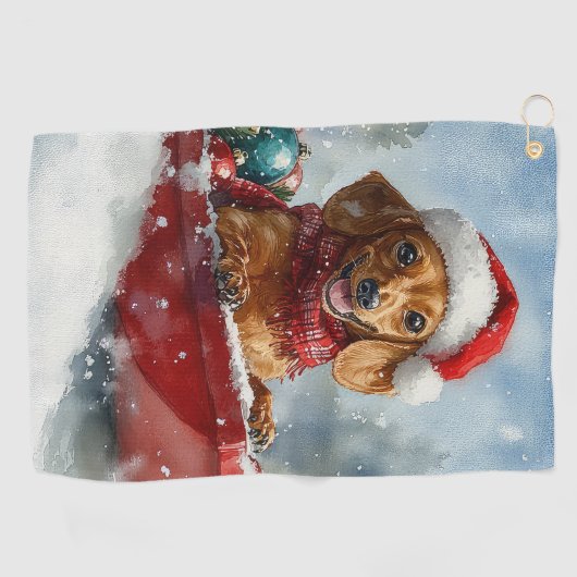 Teckel Hond in Sledge Laat het Sneeuw Kerstmis Golfhanddoek (Horizontaal)