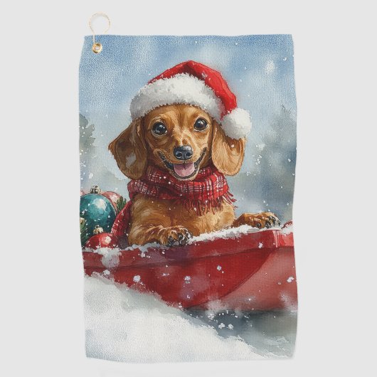 Teckel Hond in Sledge Laat het Sneeuw Kerstmis Golfhanddoek (Voorkant)