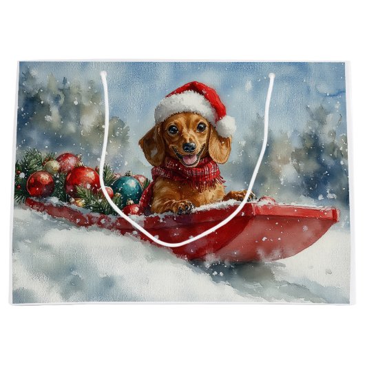 Teckel Hond in Sledge Laat het Sneeuw Kerstmis Groot Cadeauzakje (Voorkant)
