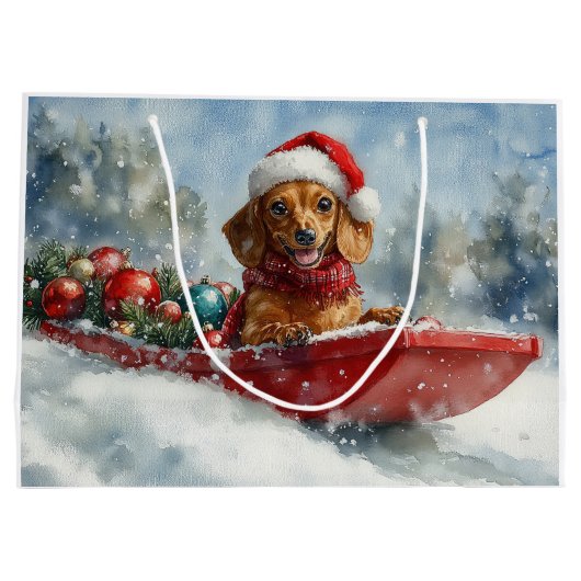 Teckel Hond in Sledge Laat het Sneeuw Kerstmis Groot Cadeauzakje (Achterkant)
