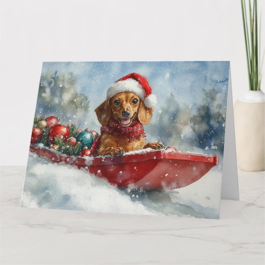 Teckel Hond in Sledge Laat het Sneeuw Kerstmis Kaart (Voorkant)