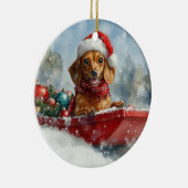 Teckel Hond in Sledge Laat het Sneeuw Kerstmis Keramisch Ornament (Rechts)