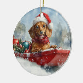 Teckel Hond in Sledge Laat het Sneeuw Kerstmis Keramisch Ornament (Links)