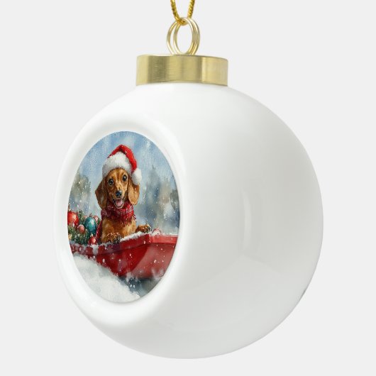 Teckel Hond in Sledge Laat het Sneeuw Kerstmis Keramische Bal Ornament (Rechts)