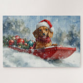 Teckel Hond in Sledge Laat het Sneeuw Kerstmis Legpuzzel (Horizontaal)