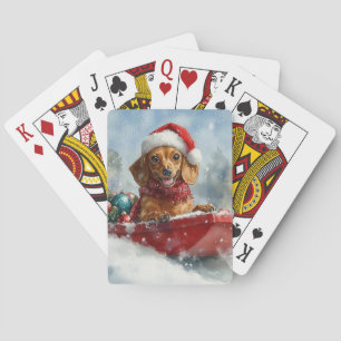 Teckel Hond in Sledge Laat het Sneeuw Kerstmis Pokerkaarten