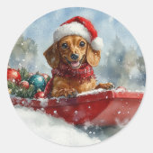 Teckel Hond in Sledge Laat het Sneeuw Kerstmis Ronde Sticker (Voorkant)