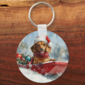 Teckel Hond in Sledge Laat het Sneeuw Kerstmis Sleutelhanger (Voorkant)
