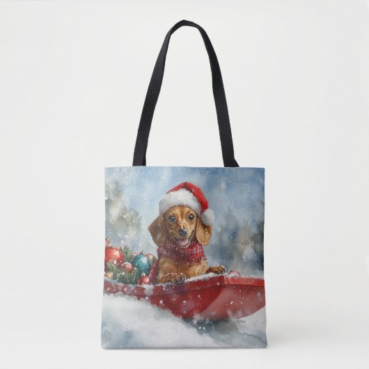 Teckel Hond in Sledge Laat het Sneeuw Kerstmis Tote Bag (Voorkant)