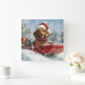 Teckel Hond in Sledge Laat het Sneeuw Kerstmis Vierkante Klok (Huis)
