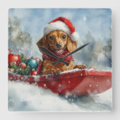 Teckel Hond in Sledge Laat het Sneeuw Kerstmis Vierkante Klok (Voorkant)
