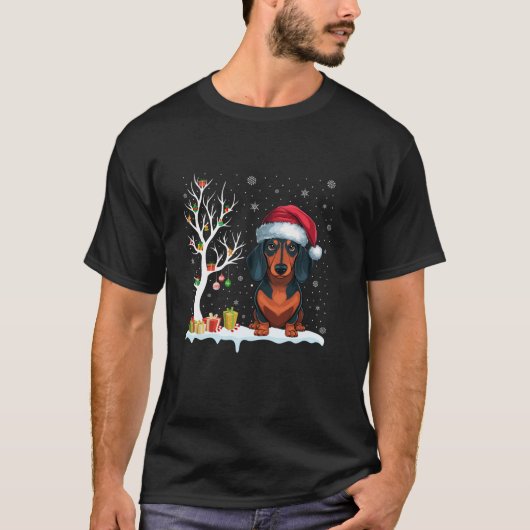 Teckel Hond Kerstman Hoed Feestelijke Boom Licht K T-shirt (Voorkant)