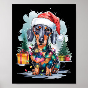 Teckel Hond Kerstman Hoed Kerstverlichting Tree Wi Poster