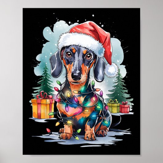 Teckel Hond Kerstman Hoed Kerstverlichting Tree Wi Poster (Voorkant)