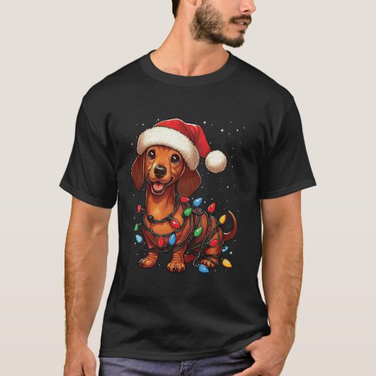 Teckel Hond Kerstverlichting Kerstman Hoed Kerstsn T-shirt (Voorkant)