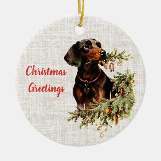  teckel hond rustieke kerstgroeten keramisch ornament (Voorkant)
