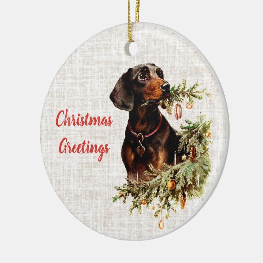  teckel hond rustieke kerstgroeten keramisch ornament (Links)