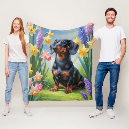 Teckel Hond Spring Bloemen Schilderen Fleece Deken (In situ)