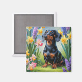 Teckel Hond Spring Bloemen Schilderen Magneet (Voorkant / Achterkant)