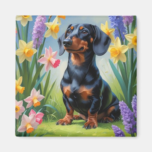 Teckel Hond Spring Bloemen Schilderen Magneet (Voorkant)
