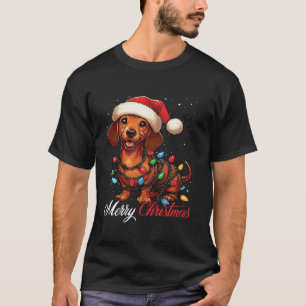 Teckel Hond Vrolijke Kerstverlichting Santa Hat Xm T-shirt