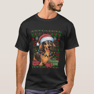 Teckel Hond Xmas Lights Ugly Santa Hat Teckel T-shirt