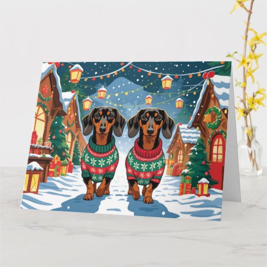Teckel Honden Kerst Sneeuw Vakantie Kaart (Gele Bloem)