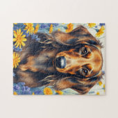 Teckel in de bloementuin legpuzzel (Horizontaal)