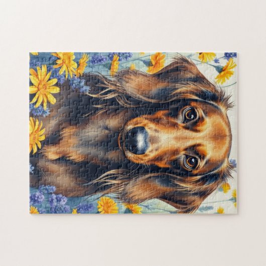 Teckel in de bloementuin legpuzzel (Horizontaal)