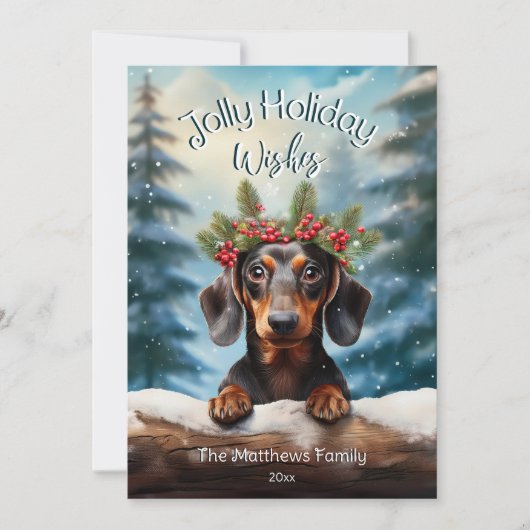 Teckel in Snowy Enchanted Forest Pet Portrait Feestdagenkaart (Voorkant)