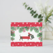 Teckel Kerst Schattigee Hond Sneeuwvlokken Holly Briefkaart (Staand voorkant)