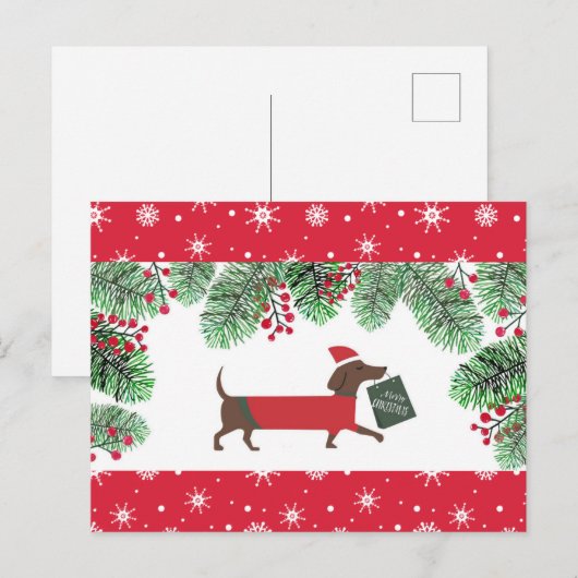 Teckel Kerst Schattigee Hond Sneeuwvlokken Holly Briefkaart (Voorkant / Achterkant)