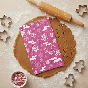 Teckel Kerst Sneeuwvlokken Magenta Dish Handdoek
