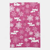 Teckel Kerst Sneeuwvlokken Magenta Dish Handdoek (Verticaal)
