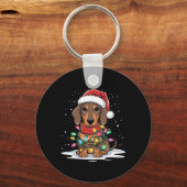 Teckel Kerstverlichting Santa Hat Hondenliefhebber Sleutelhanger (Voorkant)