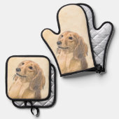 Teckel langharige rode schilderij Originele hond k Ovenwant & Pannenlap Set (Voorkant / Achterkant)