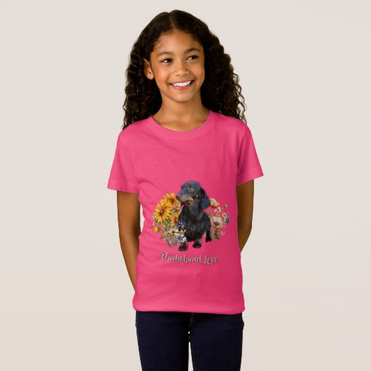 Teckel Liefde Hond in Wildflowers Design T-shirt (Voorkant volledig)
