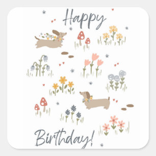 Teckel Liefhebbers Happy Birthday Bloemenfeest Vierkante Sticker